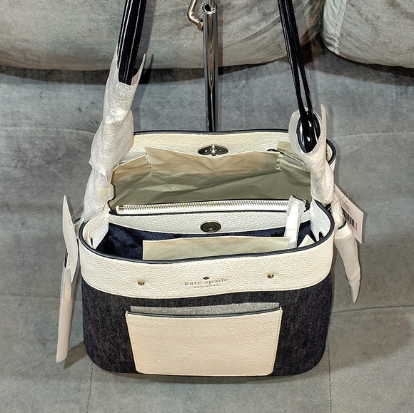 NWT KATE SPADE NEW YORK "MARTI" NAVY DENIM & WHITE LEATHER BUCKET SHOULDER BAG - Picture 13 of 16